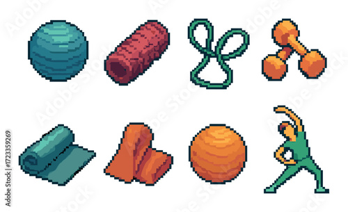 Pixel art exercise equipment set with fitness icons and stretching person