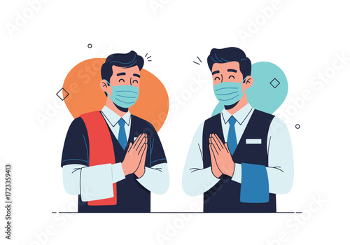 Two men in suits wearing face masks greeting with folded hands.
