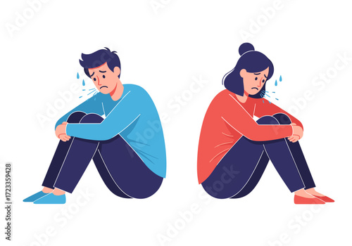 Sad Man and Woman Sitting Apart Feeling Down.