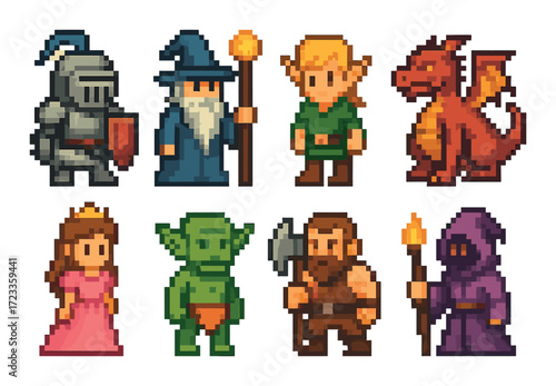 Pixel art fantasy characters: knight, wizard, elf, dragon, princess, goblin, dwarf, sorcerer
