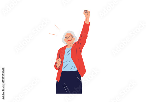 Elderly Woman Celebrating Victory with Fist Pump.