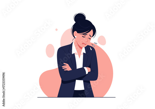 Sad businesswoman with arms crossed looking down.