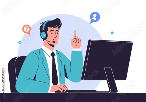 Customer service representative working on computer with headset.