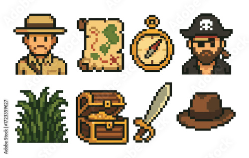 Pixel art adventure icons: explorer, pirate, treasure, sword, map, compass