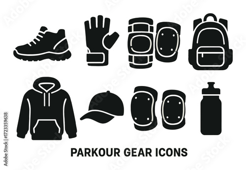 Silhouette icons of parkour gear: shoes, gloves, pads, backpack, hoodie, cap, water bottle