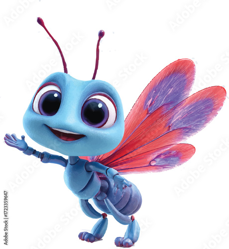 3d cartoon of a happy, blue ant waving at you against a white background. the ant has adorable eyes and is in a cute, funny pose. it has colorful red and purple wings on its back