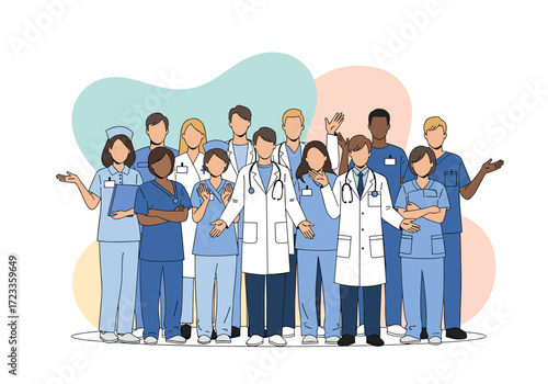 Diverse group of healthcare professionals standing together.