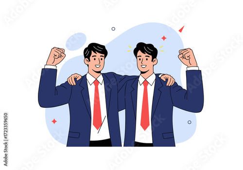 Two businessmen celebrating success together with arms around each other.