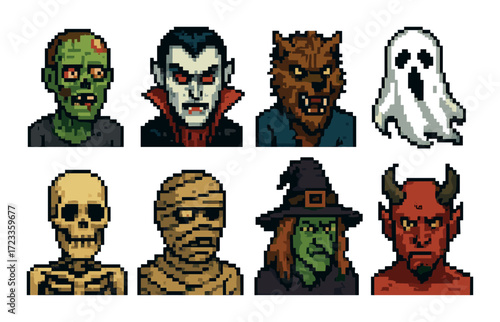 Pixel art monsters collection: vampire, zombie, witch, skeleton, ghost, werewolf, mummy, devil