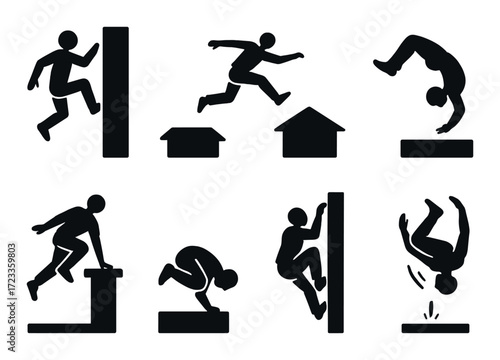 Silhouette icons of parkour movements: jumping, climbing, and flipping in action