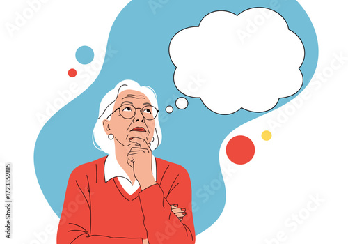 Elderly person thinking with a thought bubble above their head.