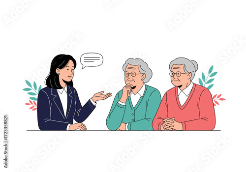Financial advisor explaining investment to elderly couple.