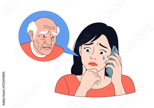 Woman Crying While Talking on Phone About Elderly Man.
