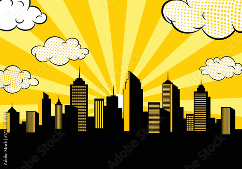 Retro comic book style city skyline silhouette with sunburst background and clouds.