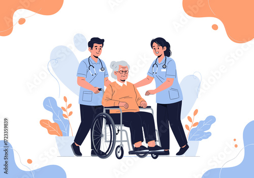Elderly Woman in Wheelchair with Caregivers.
