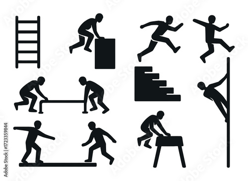 Silhouettes of people performing parkour and gymnastics on brown background