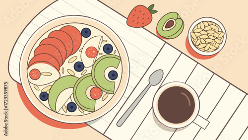 Healthy breakfast bowl with fruits and coffee illustration for food blog and recipe website content creation