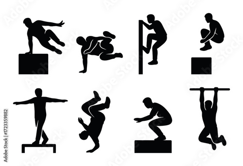 Silhouettes of parkour athletes performing dynamic moves against dark background