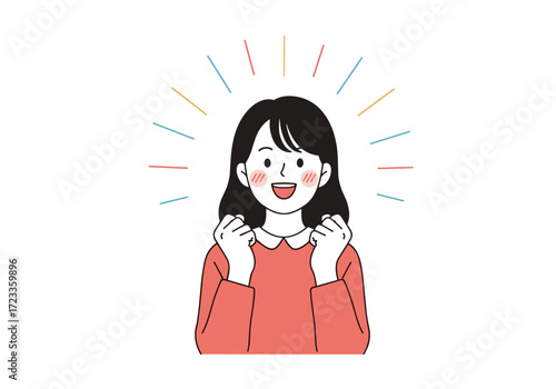 Young woman celebrating success with fists clenched and a bright smile.