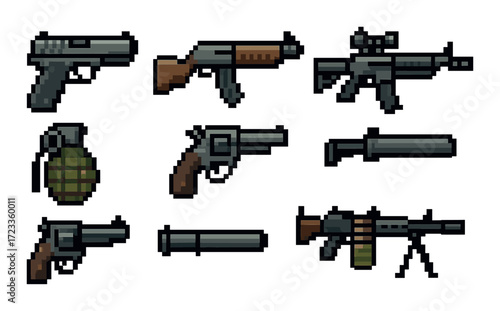 Pixel art weapons collection: pistols, rifles, grenade, and silencer