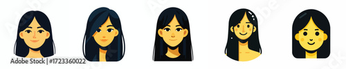 Vector Avatar of a woman's face with long black straight hair, yellow skin, slightly smiling expression