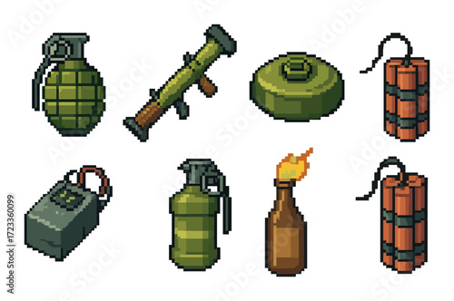 Pixel art explosives: grenade, rpg, landmine, dynamite, c4, molotov