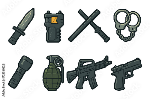 Vector icons of weapons and tactical gear on yellow background