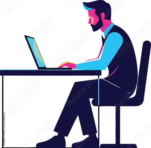 Man typing on laptop at desk chair