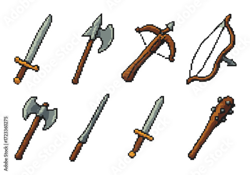 Pixel art medieval weapons set: sword, axe, bow, crossbow collection on yellow background