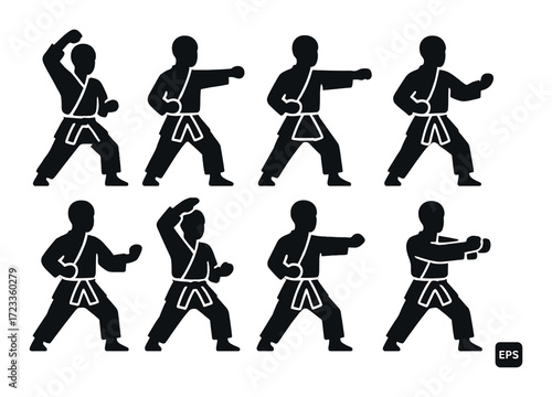 Silhouette of martial artists practicing karate poses