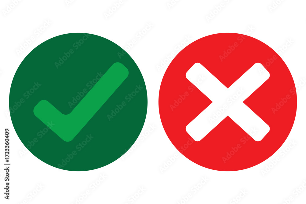Obraz premium Green check mark, red cross mark icon set. Vector illustration.