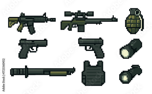 Pixel art weapons and gear set on yellow background