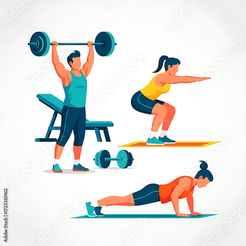 Workout fitness training people doing exercises barbell squats pushups