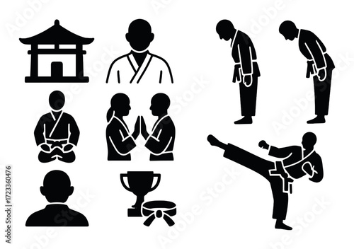 Martial arts silhouettes: karate moves and symbols depicting practice and tradition