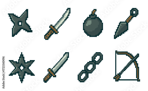 Pixel art weapons collection: shuriken, sword, bomb, arrow, and more