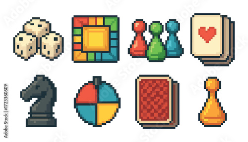 Pixel art board game elements with dice, cards, and tokens on gradient background