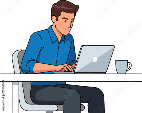Man typing on silver laptop beside gray mug adult person