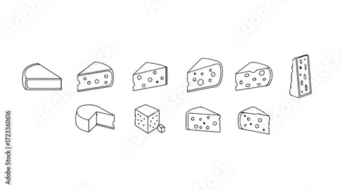 Collection of various cheese wedges and slices in a minimalist silhouette style
