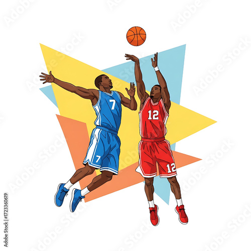 Dynamic Basketball Players Action Illustration Jumping for Ball Competition
