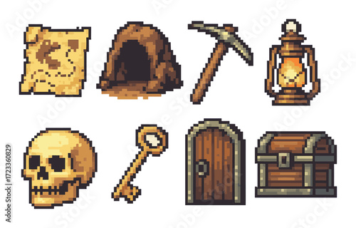 Pixel art adventure icons: map, cave, pickaxe, lantern, skull, key, door, chest
