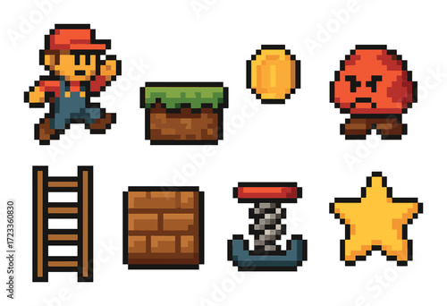 Retro pixel art game elements: character, coin, enemy, platform, ladder, brick, spring, star