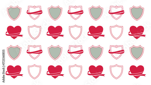Array of shields and hearts with ribbons in red and gray on a white background in a pattern design