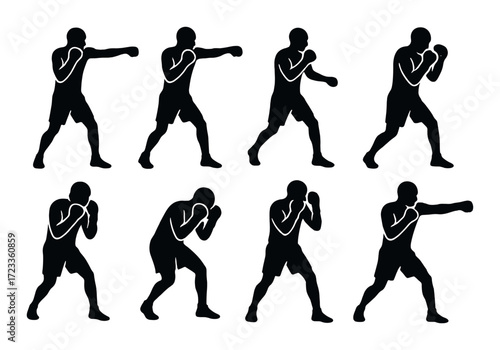 Silhouettes of male boxers in various fighting stances