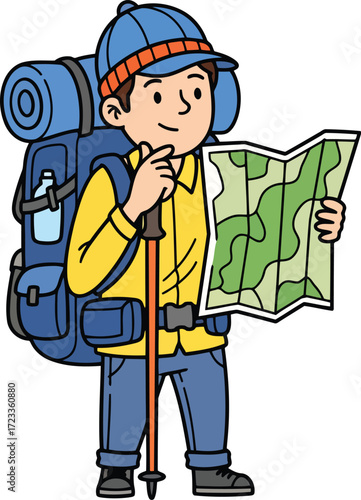 Man with backpack and map planning journey vector