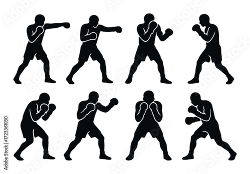 Silhouettes of male boxers in various fighting poses