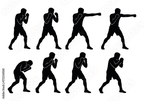 Silhouette of male boxer in various stances on gradient background