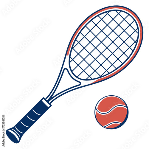 Illustration of a tennis racket with strings and a tennis ball on a white background image view
