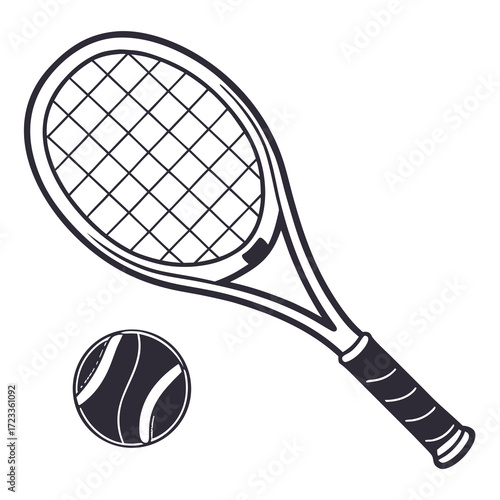Illustration of a tennis racket with strings and a tennis ball in black and white outline style art