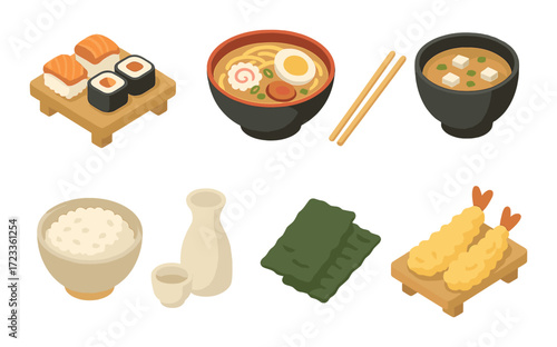 Isometric japanese cuisine: sushi, ramen, miso soup, rice, tempura, seaweed, sake
