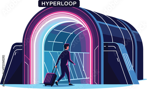 Man with suitcase entering futuristic transportation tunnel vector